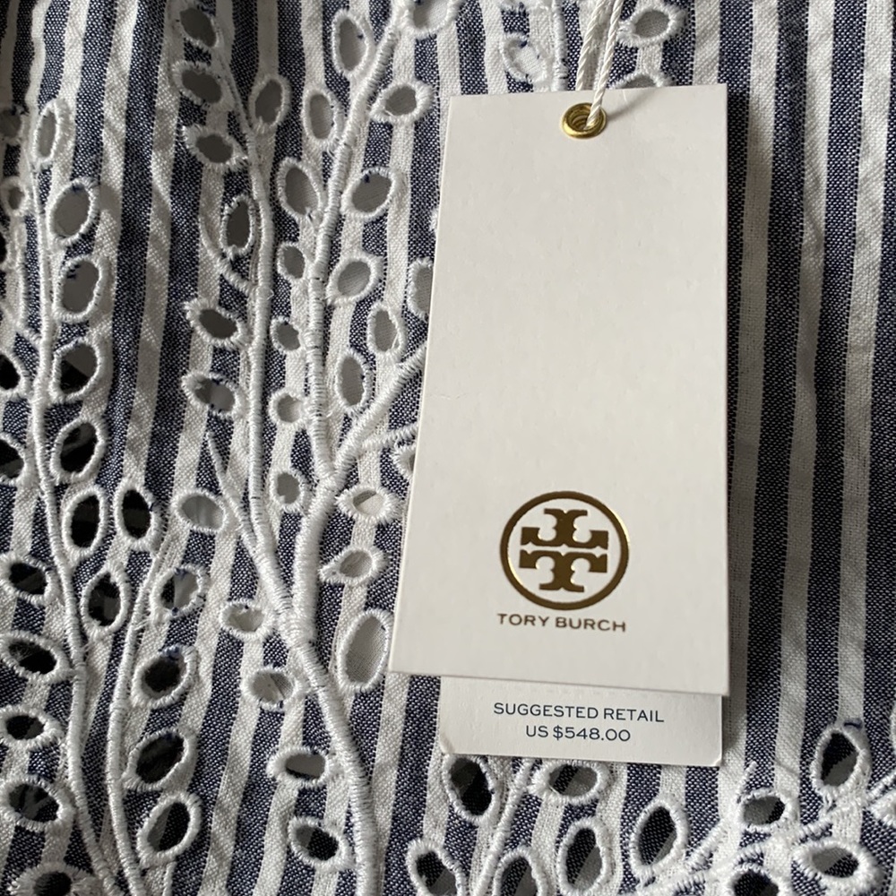 NWT Tory Burch Runway Striped Eyelet Embroidered Cotton Midi Dress Sz 4 - Picture 8 of 16